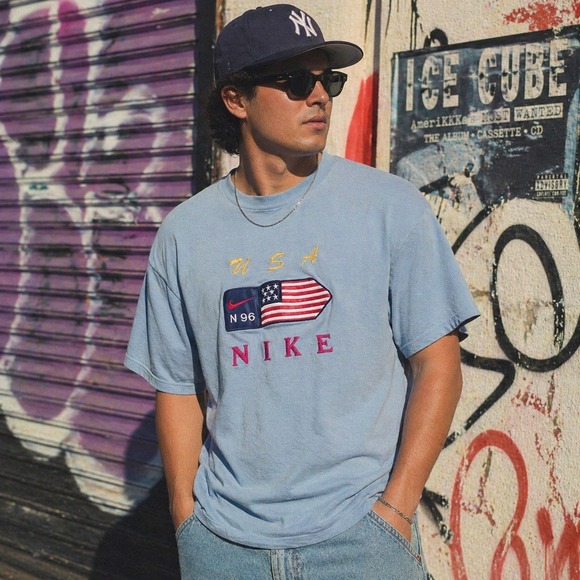 Nike Other - Vintage 90s Nike USA Flag Logo T Shirt Made in USA Blue Single Stitch Men's XL